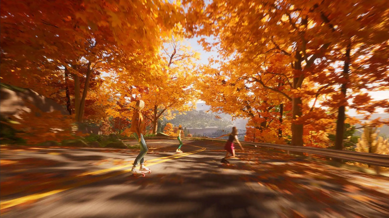 Three teenagers skateboard down a road through autumnal trees in Mixtape