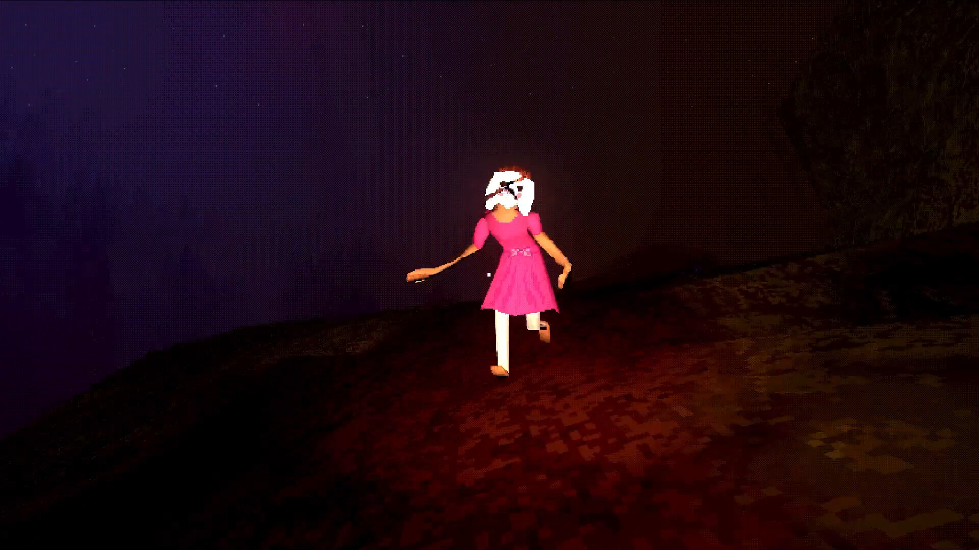 A girl with a mask runs in the dark
