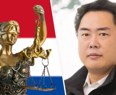 Left: Blind justice over a Dutch flag / Right: Sony CEO Hideaki Nishino