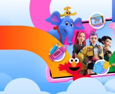 A colorful composition featuring animated characters from children