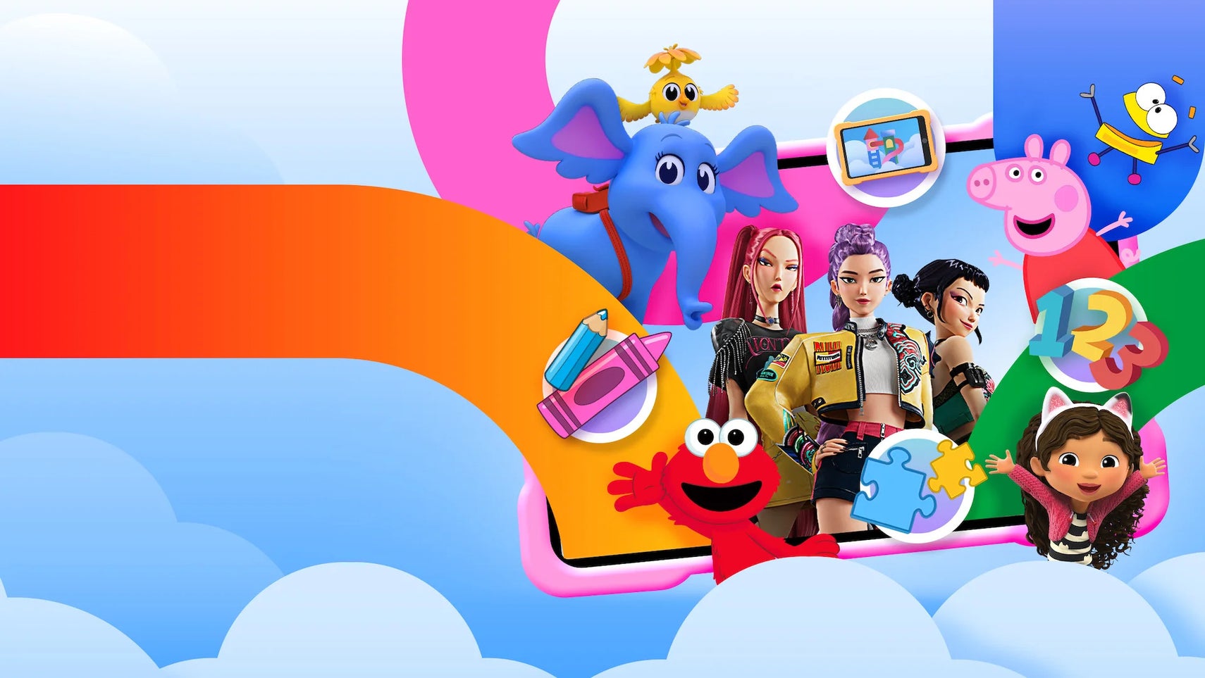 A colorful composition featuring animated characters from children's shows like Peppa Pig, Elmo, and Gabby's Dollhouse, alongside a K-pop inspired animated group and a blue elephant with a yellow bird on its back, all set against a sky background with abstract shapes and playful icons representing art and learning.