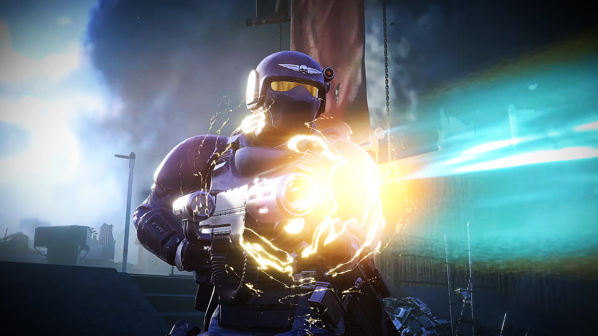 A soldier in dark tactical armor and a helmet fires a glowing energy weapon, emitting bright yellow sparks and a long, horizontal beam of blue light.