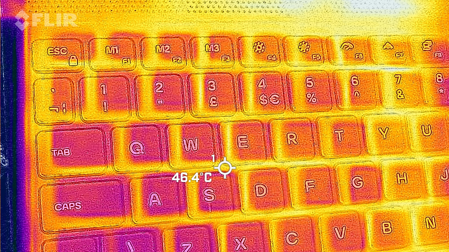A FLIR thermal camera view of an Alienware 15 keyboard shows warmer areas in yellow and orange and cooler regions in purple and red, peaking at 46.4°C near the A key.