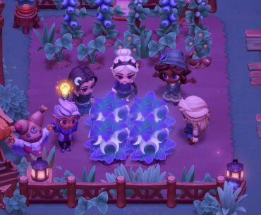 Moonlight Peaks - five characters stand around a crop of magical moon fruit