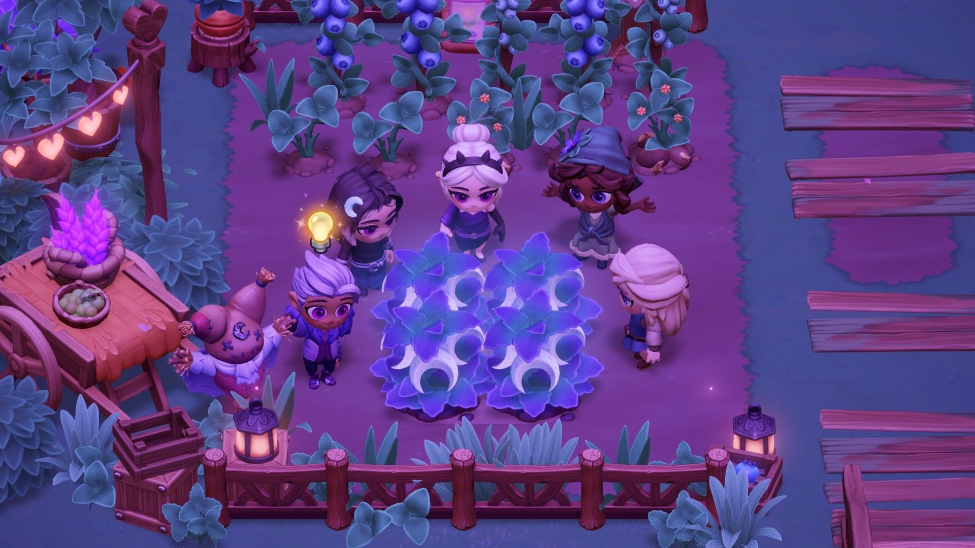 Moonlight Peaks review: An anemic execution of cutely spooky themes Moonlight Peaks - five characters stand around a crop of magical moon fruit