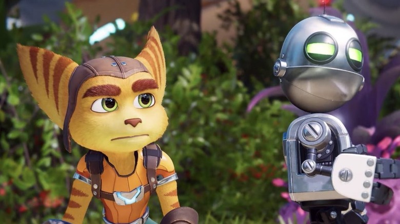 Ratchet and Clank look up in a jungle in Ratchet & Clank: Rift Apart