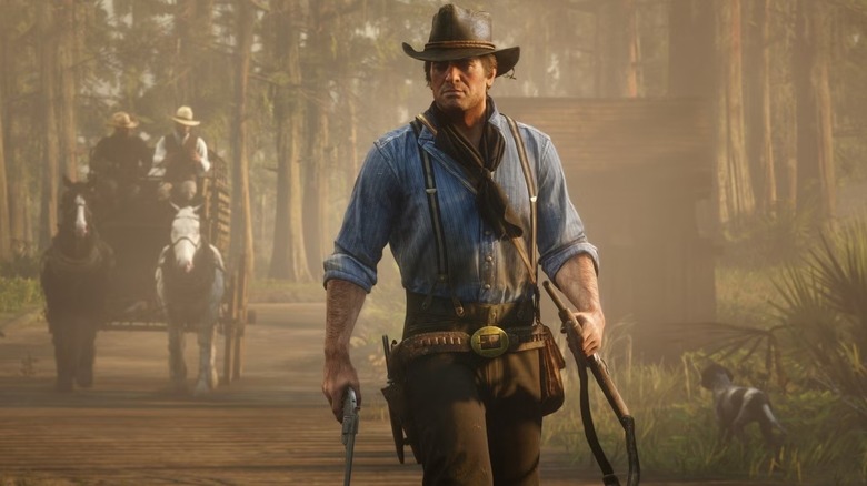 Arthur Morgan holding a pistol and a shotgun in Red Dead Redemption 2