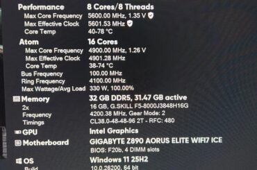 Ultra 7 330W 78°C 5.6p 4.9e 8400cl38 263k Trefi