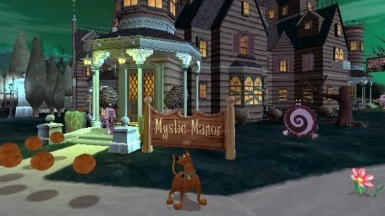 Scooby-Doo stands in front of Mystic Manor in 