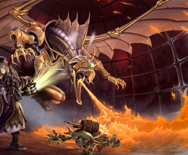 A blistering combat ensues in a cage arena, with a giant metal hawk spewing great gouts of fire at a fleeing goblin in Pathfinder 2e.