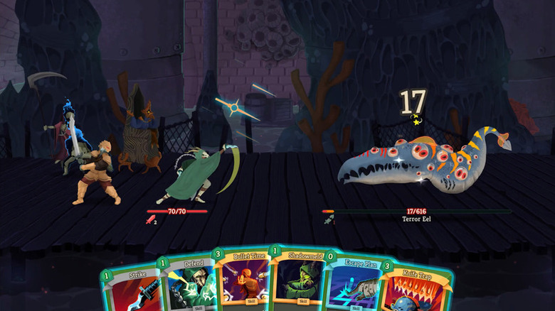 A party of fantasy warriors fight a monstrous eel with cards in their hand in Slay the Spire II