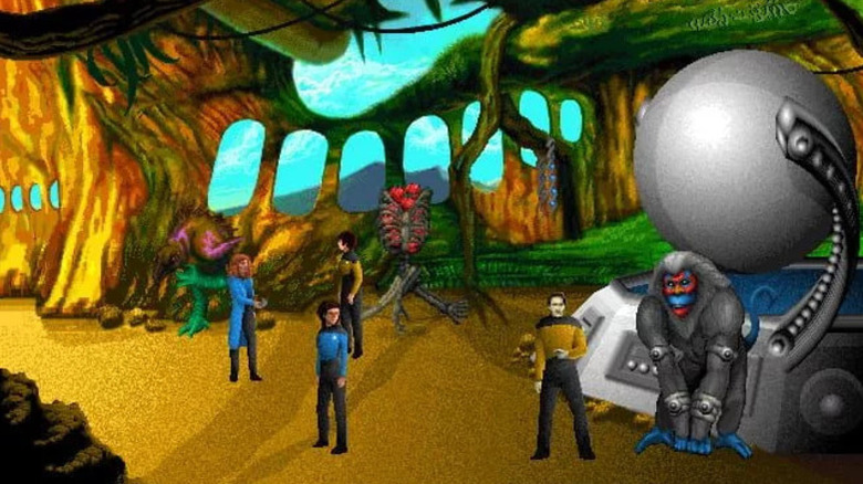 A landing party stands next to a restrained creature in 