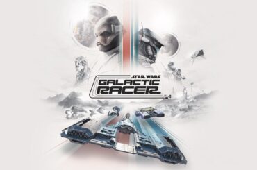 Key art for galactic racer showing racing vehicles with alien character in the background