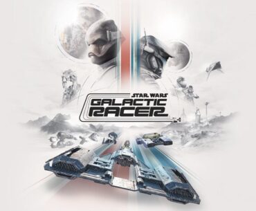 Key art for galactic racer showing racing vehicles with alien character in the background
