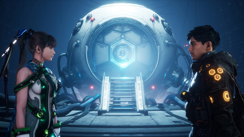 Eve speaks with Adam by a futuristic device in 