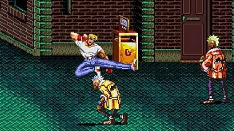 Axel Stone leaps at an enemy with a jump kick in 