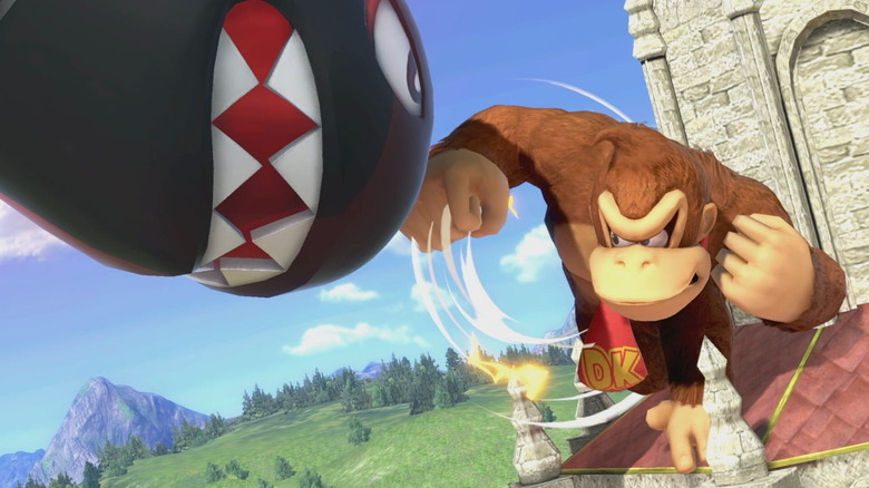 Donkey Kong punches a Bullet Bill in Super Smash Bros. Ultimate
