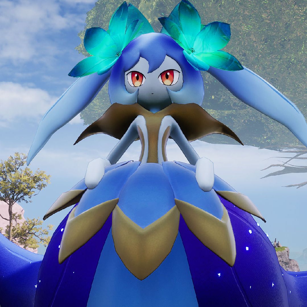 Palworld - Lyleen Noct, an alternative dark-themed version of the pal Lyleen. She's wearing a blue dress and has green flowers in her hair.