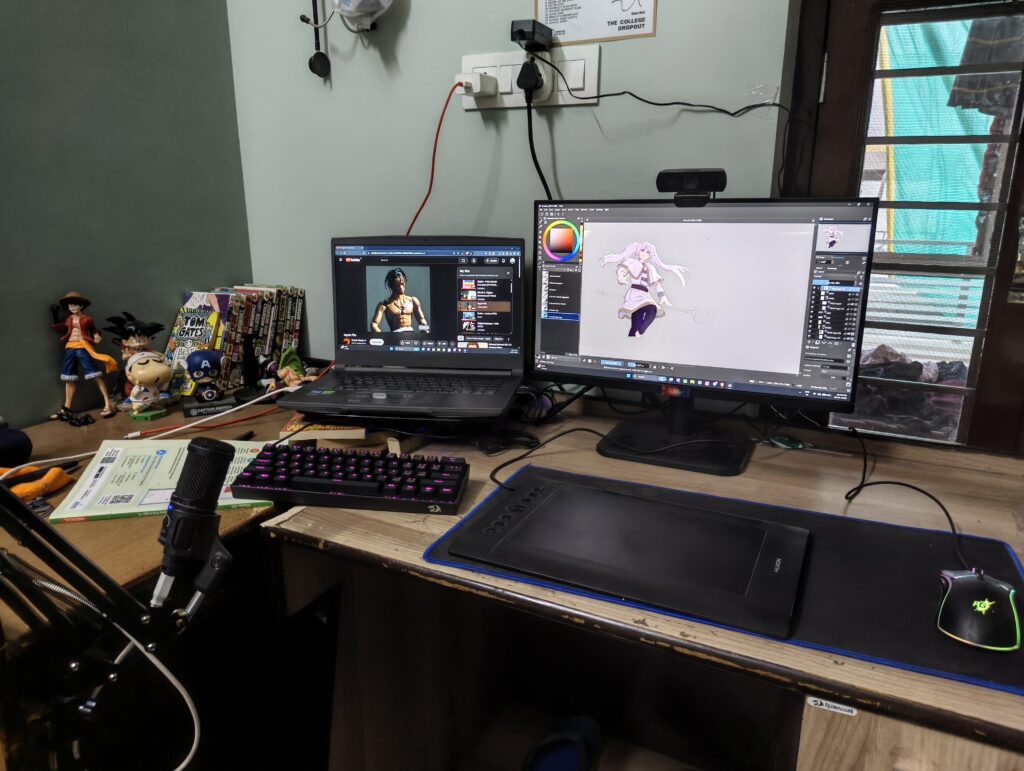 This is my setup to draw for pennies and and streaming, I also play games but the laptop is kind of falling behind so saving the goystation 5