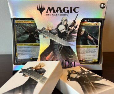 MTG Final Fantasy Starter Kit on a wooden surface, against a white wall