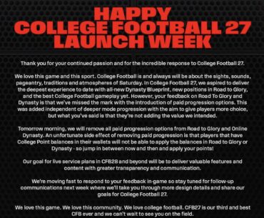 EA finally caved and plans to fix College Football 27 Microtransaction model after widespread community backlash