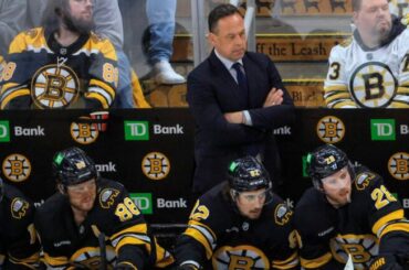 Boston Bruins head coach Marco Sturm on the bench with his team down 6-0 aginst the Buffalo Sabres during third period NHL action of game four in the first round of playoffs at TD Garden on Sunday April 26, 2026.