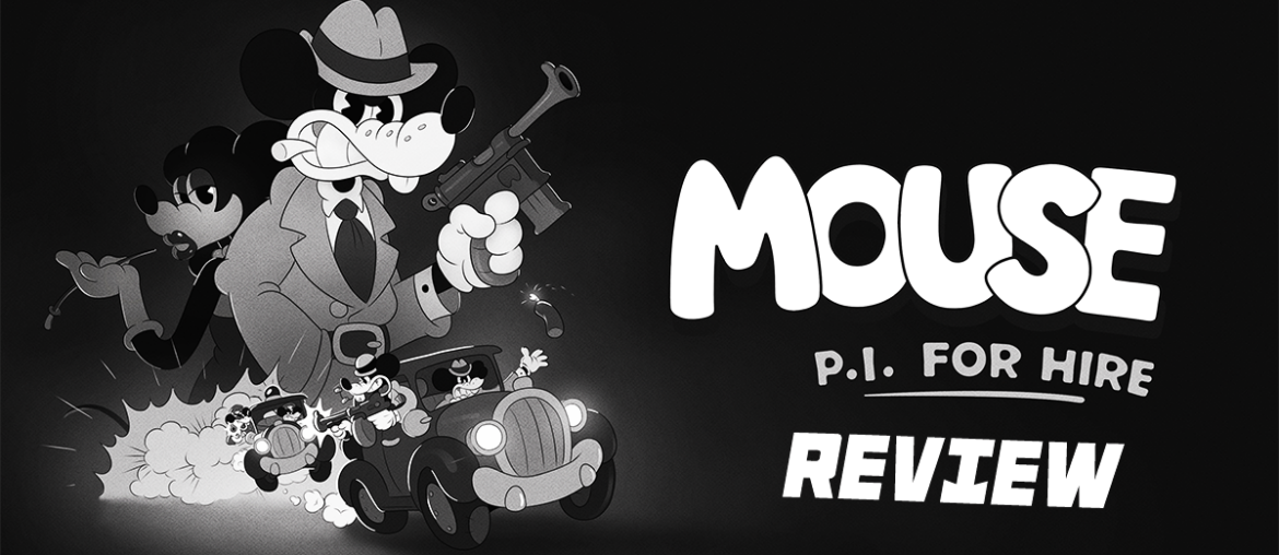 Mouse P.I. For Hire Game Review Cartoon mouse detective in a noir style with a magnifying glass and vintage car.