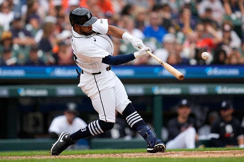 Detroit Tigers' Corey Julks hits a double against the Chicago White Sox during the fifth inning of a baseball game Saturday, Aug. 15, 2026, in Detroit. (AP Photo/Paul Sancya)