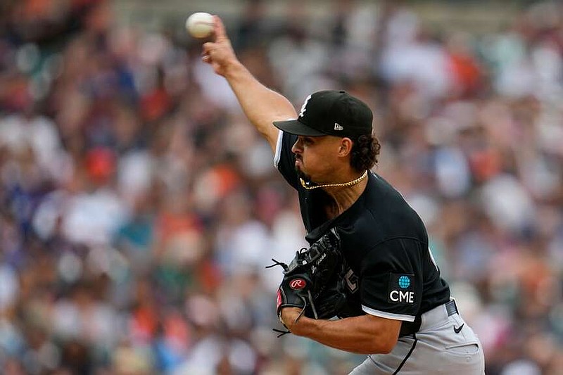 Chicago White Sox pitcher Jordan Hicks throws against the Detroit Tigers during the sixth inning of a baseball game Saturday, Aug. 15, 2026, in Detroit. (AP Photo/Paul Sancya)