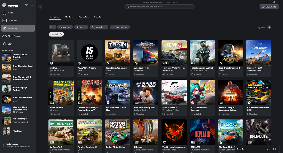Screenshot of My Library in the Xbox App for Windows 11 showcasing SteamGridDB artwork for non-Xbox games.