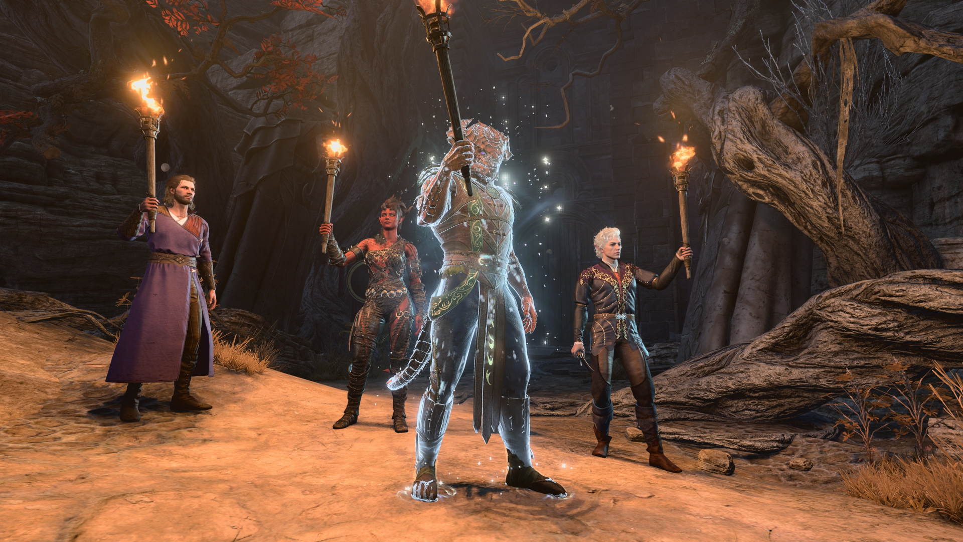 A dragonborn druid, Gale, Karlach, and Astarion carry torches in Baldur's Gate 3 as they venture through the shadow-cursed lands