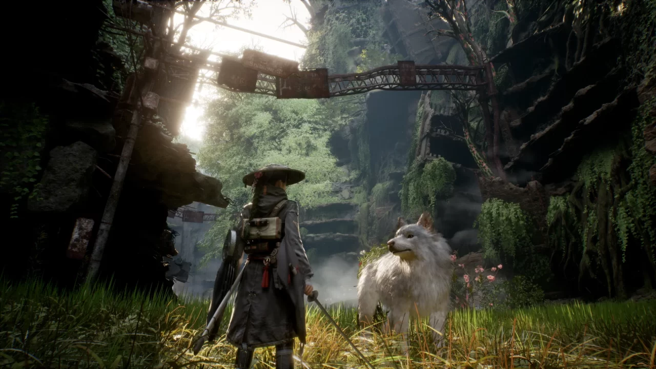 A screenshot of Beast of Reincarnation depicting Emma and her dog Koo standing in the middle of overgrown ruins.