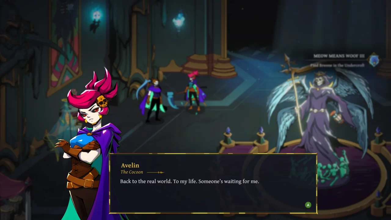 Grim Trials screenshot of a serious-looking woman named Avelin saying she's aiming to return to the real world.