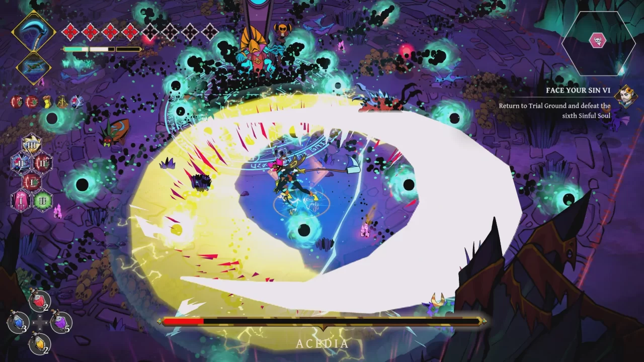 Combat screenshot in Grim Trials with the player using a wide circular attack against an enemy spitting out dark energy.