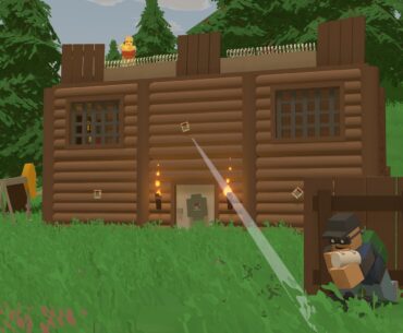 A survivor hides behind a crate as he prepares to demolish a log cabin in Unturned.