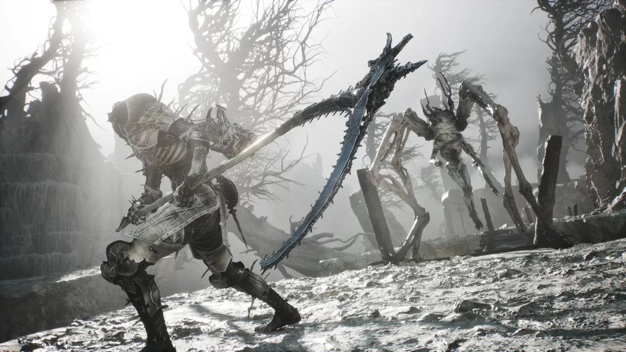 Mortal Shell II screenshot of an armored figure with a scythe battling a multi-legged monstrosity in a bleak monotone landscape.