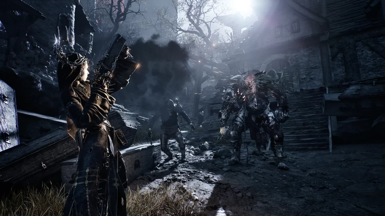The protagonist firing a medieval gun against a burly armored enemy in Mortal Shell II.