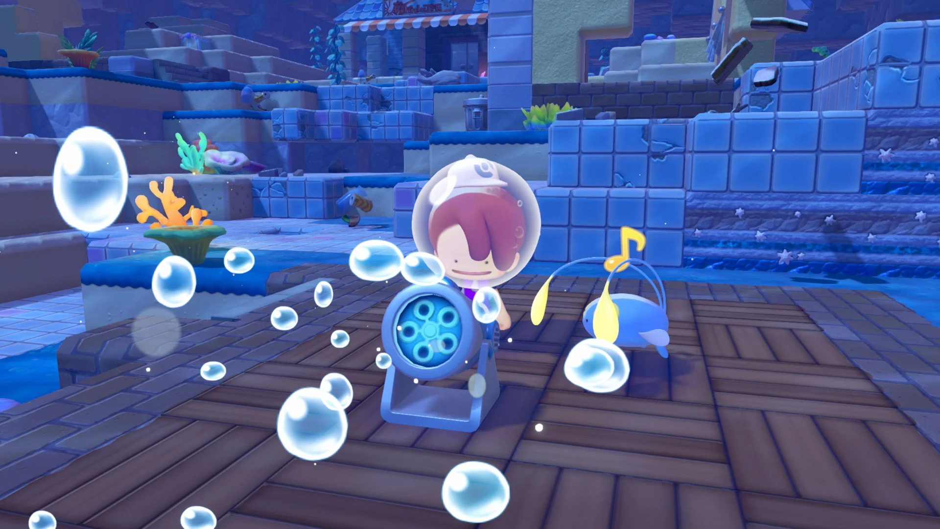 Ditto playing with an underwater bubble machine in Pokemon Pokopia Bubbly Basin