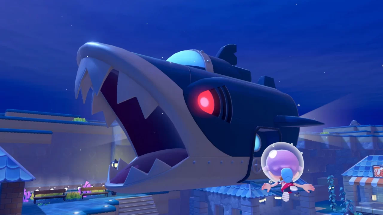 Ditto in front of a scary Sharpedo-themed home in Pokemon Pokopia's Bubbly Basin