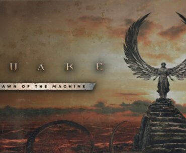 A brown logo with a statue with angel wings