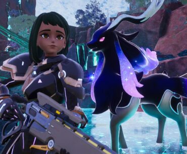 A Palworld player character standing in front of an enchanted elk pal walking in glowing blue water.