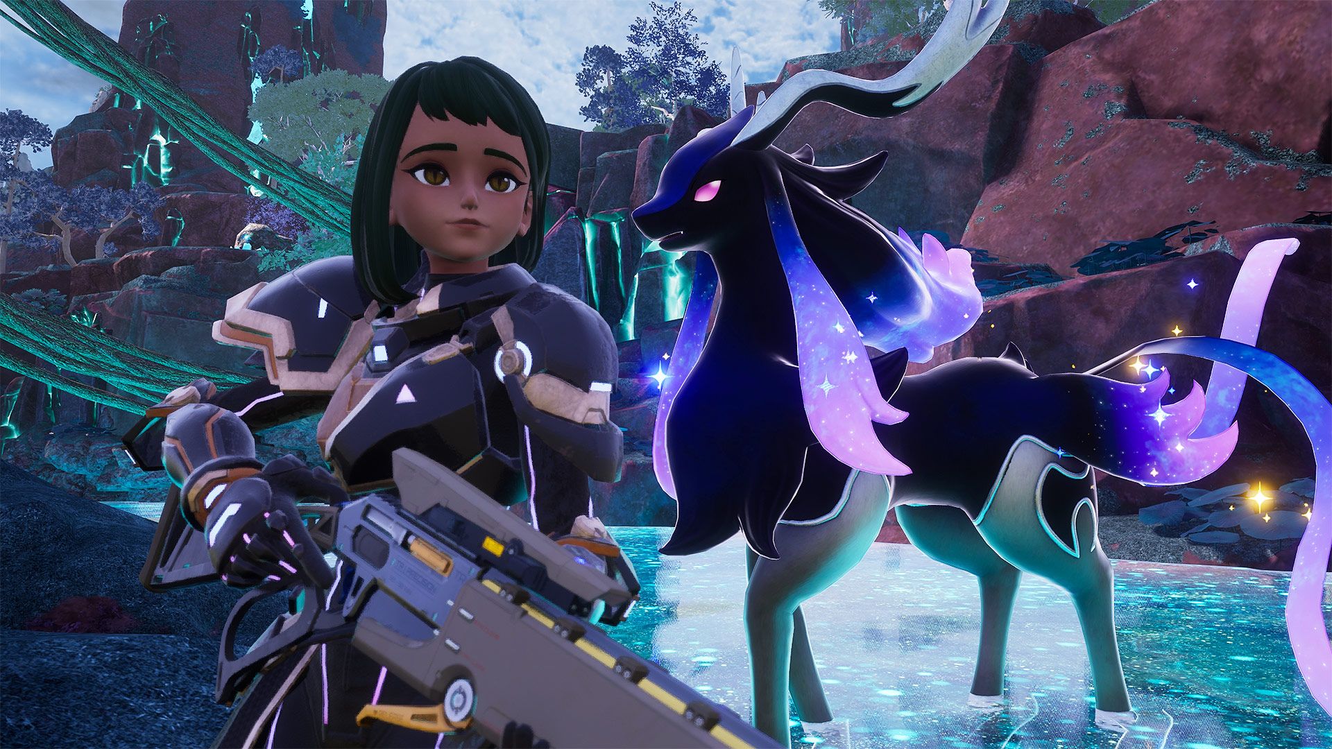 Palworld 1.0 review: A solid creature collector with a mild identity crisis A Palworld player character standing in front of an enchanted elk pal walking in glowing blue water.