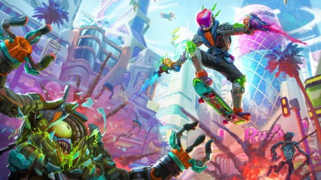 A colorful image depicting the main character of High on Life 2 flying over an alien enemy while shooting.