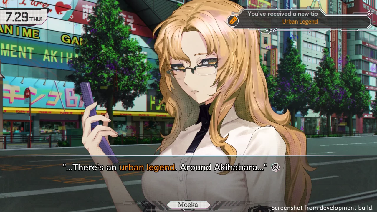 Moeka holds her phone in a street in Akihabara in Steins;Gate Re:Boot.