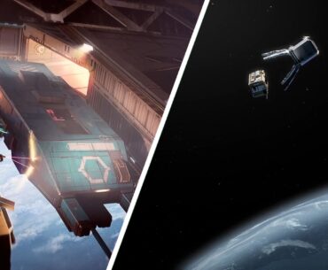 Split image showing space debris cleanup in Hardspace Shipbreaker (L) and an artists rendition of the upcoming Clearspace-1 mission (R).