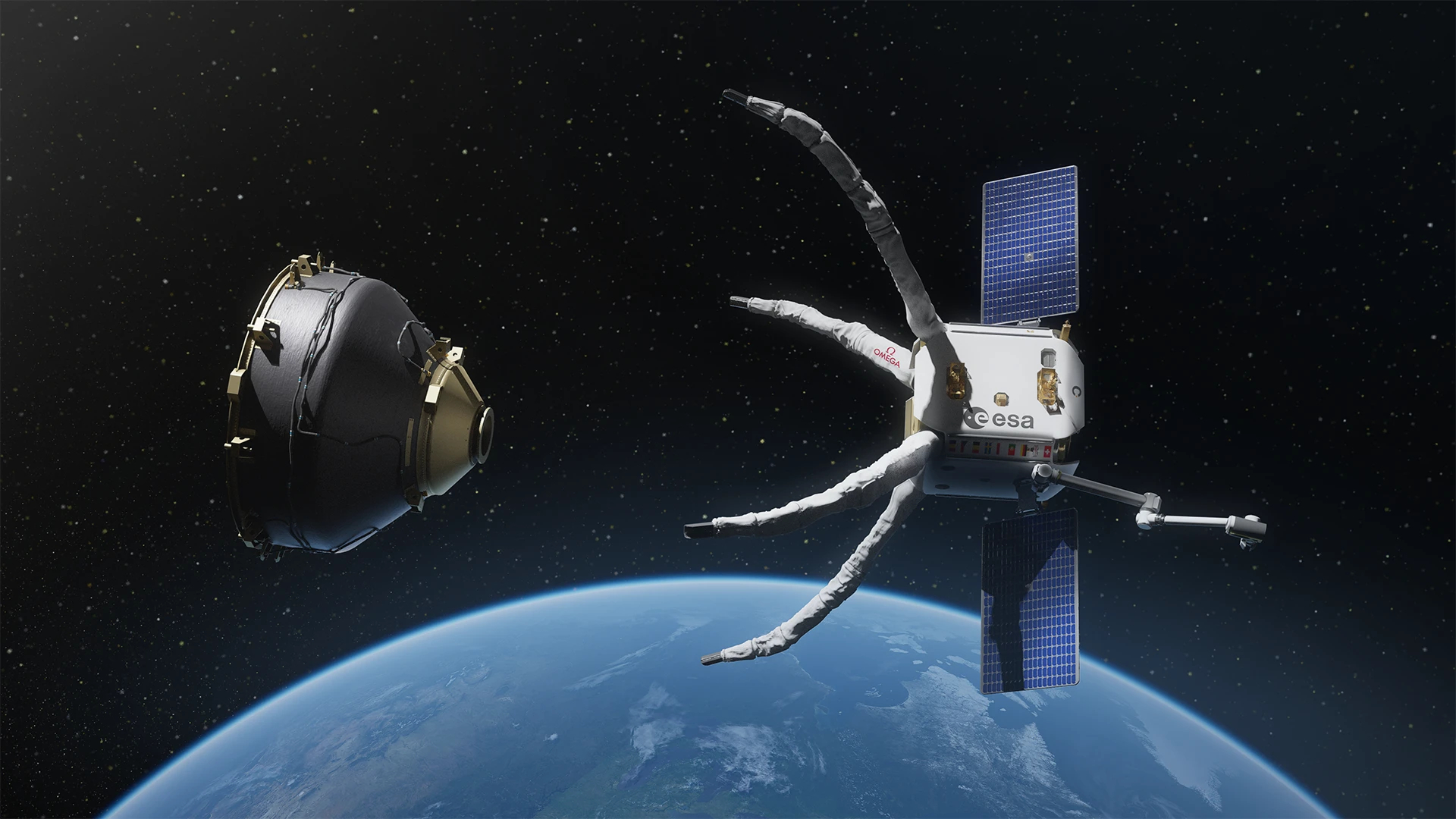 An artistic impression of the ClearSpace-1 servicer approaching the VESPA payload adapter in the world&rsquo;s first active debris removal mission, commissioned by the European Space Agency (ESA)