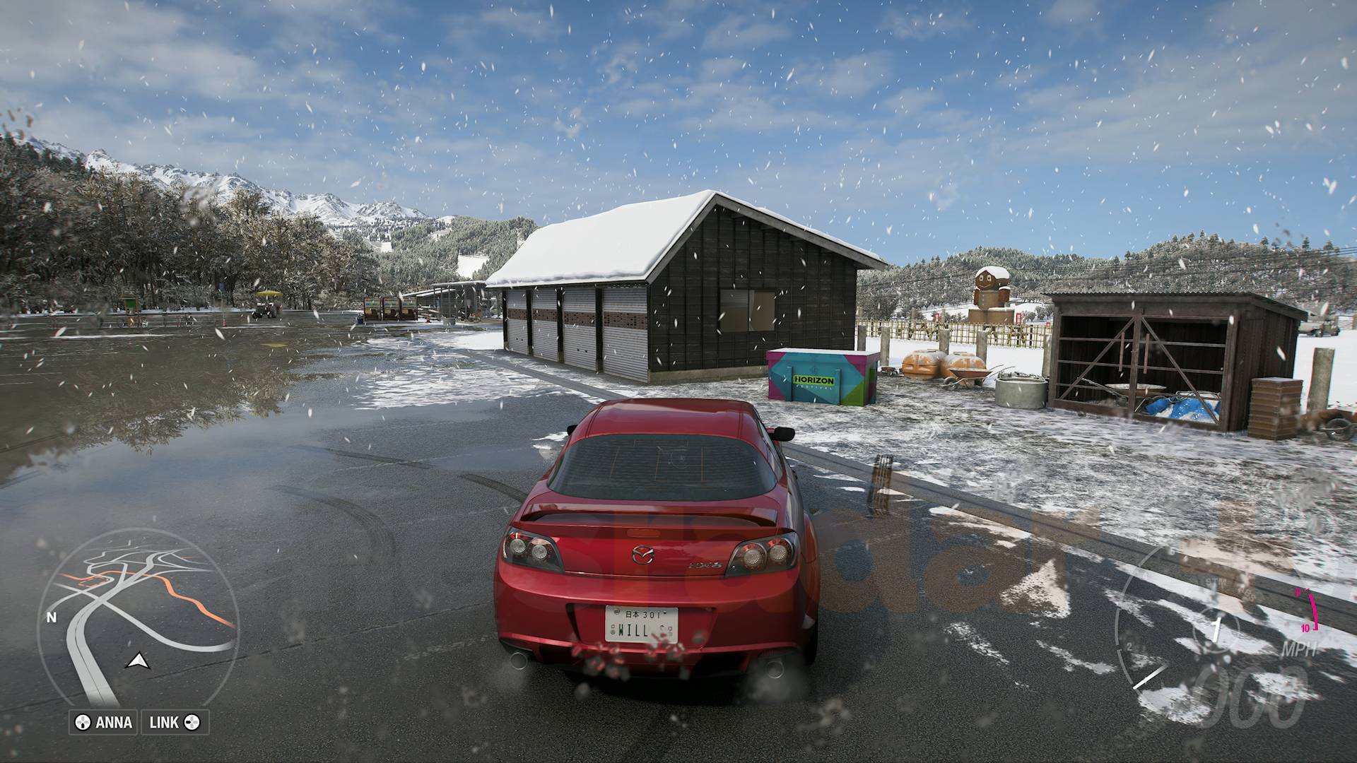 Forza Horizon 6 hokubu winter treasure hunt chest next car park and fields with large hay bale scarecrow