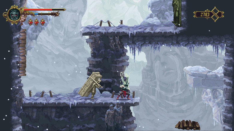 The Penitent One prepares to strike an enemy in Blasphemous