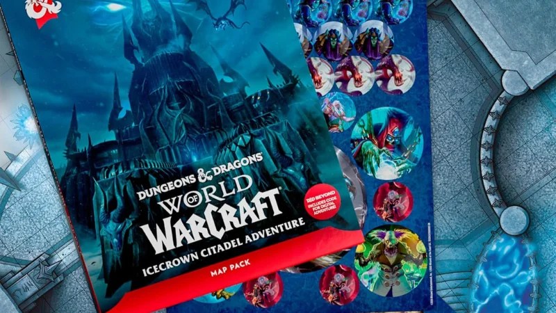 A close up of the cover, tokens and maps included in the D&D World of Warcraft Map Pack.