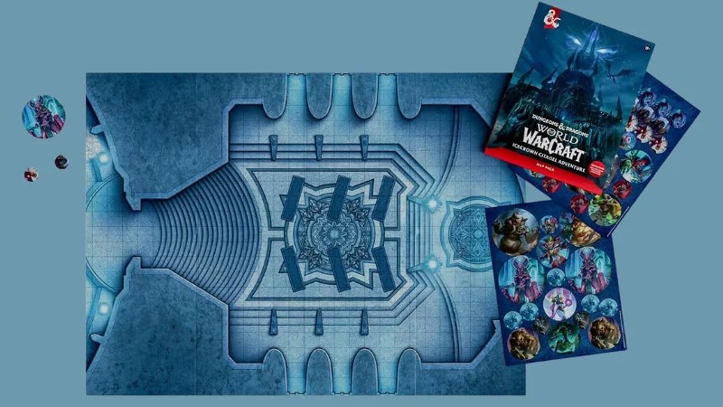 One of the maps, next to the cover and two token sheets included in the D&D World of Warcraft Icecrown Citadel Adventure Map Pack.